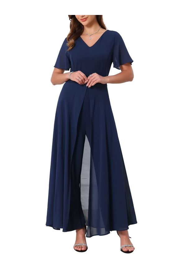 Women's Wide Leg Jumpsuits Chiffon Cocktail Dressy Short Sleeves V Neck Jumpsuit Pants 2XL Dark Blue