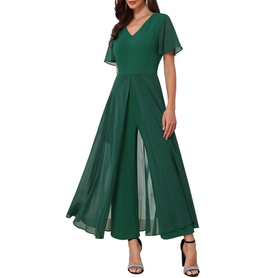 INSPIRE CHIC Women's Wide Leg Jumpsuits Chiffon Cocktail Dressy Short Sleeves V Neck Jumpsuit Pants L Dark Green