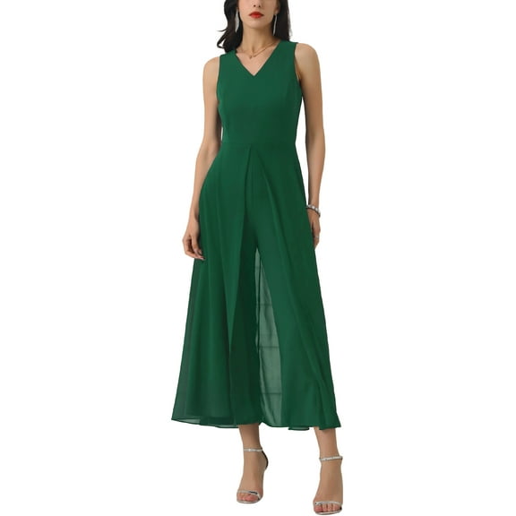INSPIRE CHIC Women's Wide Leg Jumpsuits Chiffon V Neck Cocktail Sleeveless Jumpsuit 2XL Dark Green