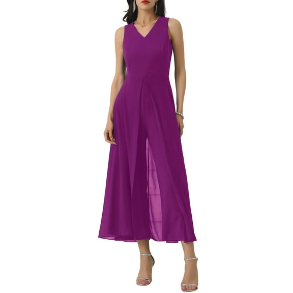 INSPIRE CHIC Women's Wide Leg Jumpsuits Chiffon V Neck Cocktail Sleeveless Jumpsuit 2XL Purple
