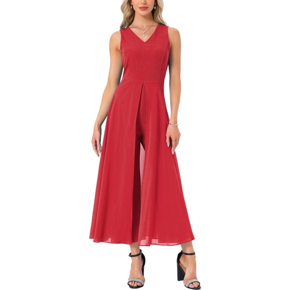 INSPIRE CHIC Women's Wide Leg Jumpsuits Chiffon V Neck Cocktail Sleeveless Jumpsuit 2XL Red