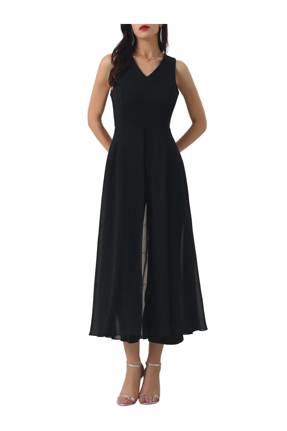 Women's Wide Leg Jumpsuits Chiffon V Neck Cocktail Sleeveless Jumpsuit L Black
