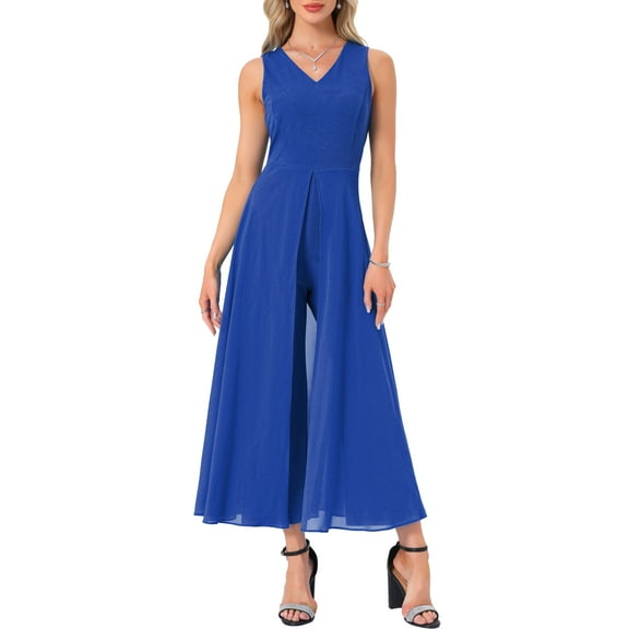 INSPIRE CHIC Women's Wide Leg Jumpsuits Chiffon V Neck Cocktail Sleeveless Jumpsuit M Royal Blue