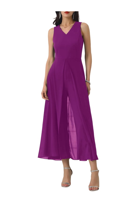 Women's Wide Leg Jumpsuits Chiffon V Neck Cocktail Sleeveless Jumpsuit XL Purple