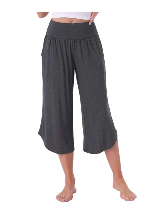 Women's Wide Leg Lounge Yoga Pants with Pockets Casual Cropped Capri Workout Sweatpants L Gray