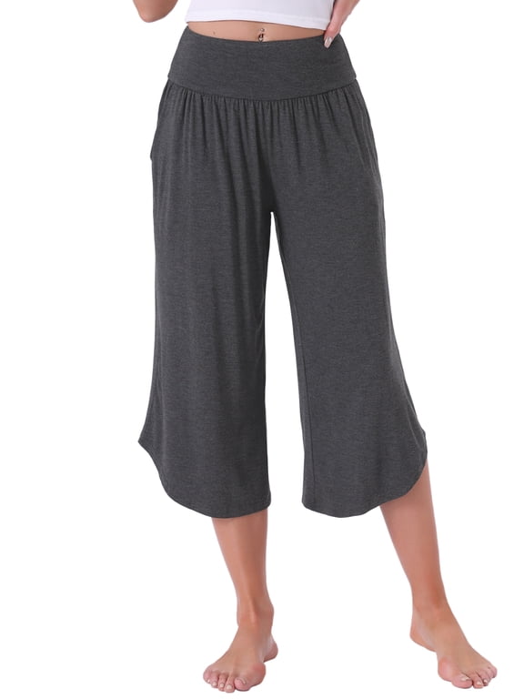 Women's Rayon Wide Leg Capri Pants High Waist Yoga Lounge Bottoms with Curved Split Hem and Pockets X-Large Gray