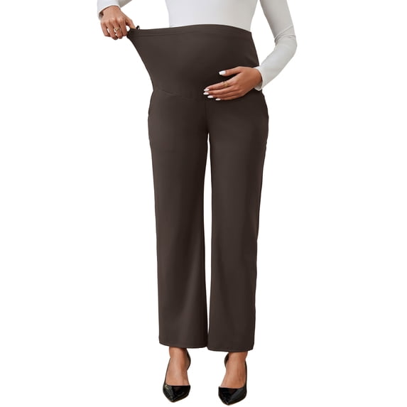 INSPIRE CHIC Women's Wide Leg Maternity Pants Over the Belly Elastic Stretch Pregnancy Trousers with Pockets Brown M