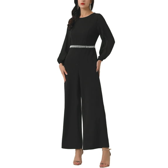 INSPIRE CHIC Women's Wide Leg Pants Jumper Long Sheer Sleeve Cocktail Jumpsuits M Black