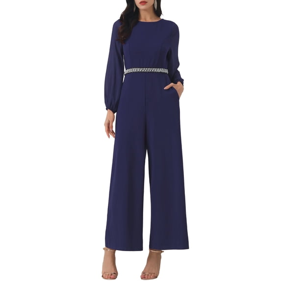 INSPIRE CHIC Women's Wide Leg Pants Jumper Long Sheer Sleeve Cocktail Jumpsuits M Dark Blue