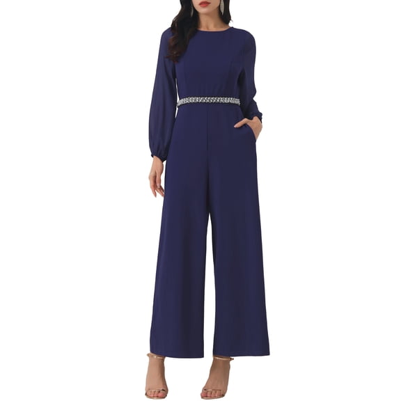 INSPIRE CHIC Women's Wide Leg Pants Jumper Long Sheer Sleeve Cocktail Jumpsuits XL Dark Blue