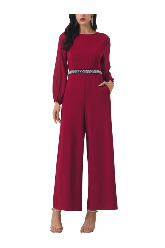 Women's Wide Leg Pants Jumper Long Sheer Sleeve Cocktail Jumpsuits XL Wine Red