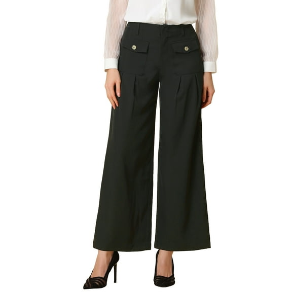 INSPIRE CHIC Women's Wide Leg Pants Long Trousers with Flap Pockets S Black