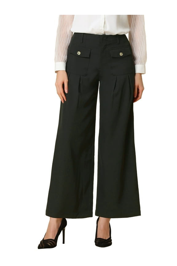 Women's Wide Leg Pants Long Trousers with Flap Pockets XL Black