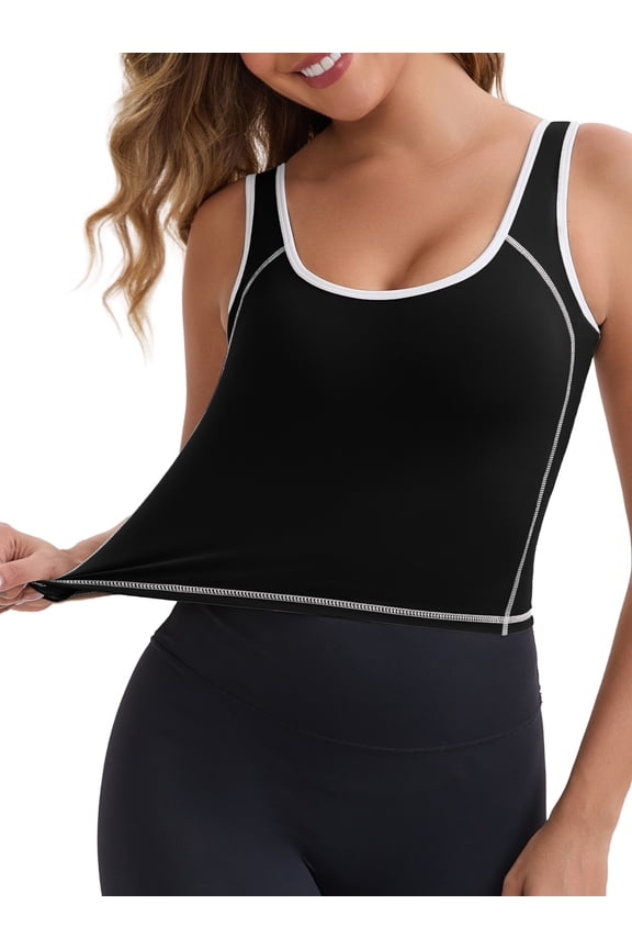 Women's Wide Straps U-Neck with Padded Push Up Camisole Elastic Tight Colorblock Cropped Workout Tank S Black