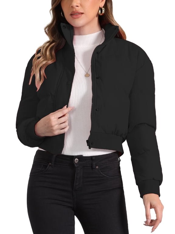 Women's Cropped Puffer Jacket Winter Stand Collar Padded Bomber Coat with Zip & Button Front Black S
