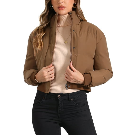 INSPIRE CHIC Women's Winter Bomber Jacket Outwear Baggy Padded Cropped Coats XS Brown