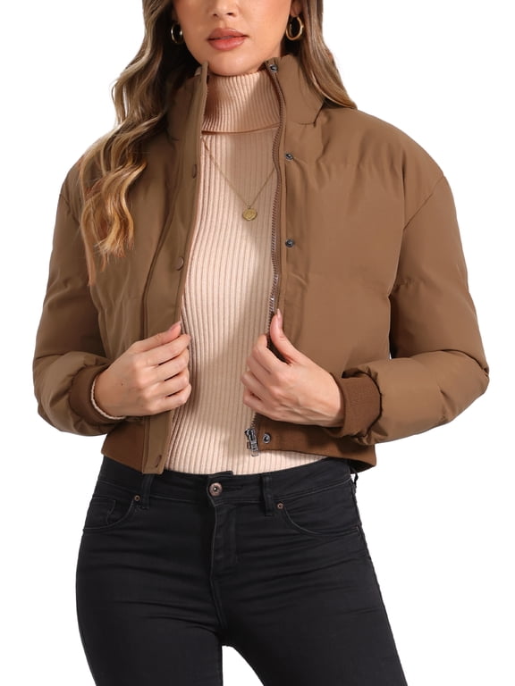 Women's Cropped Puffer Jacket Winter Stand Collar Padded Bomber Coat with Zip & Button Front XS Brown