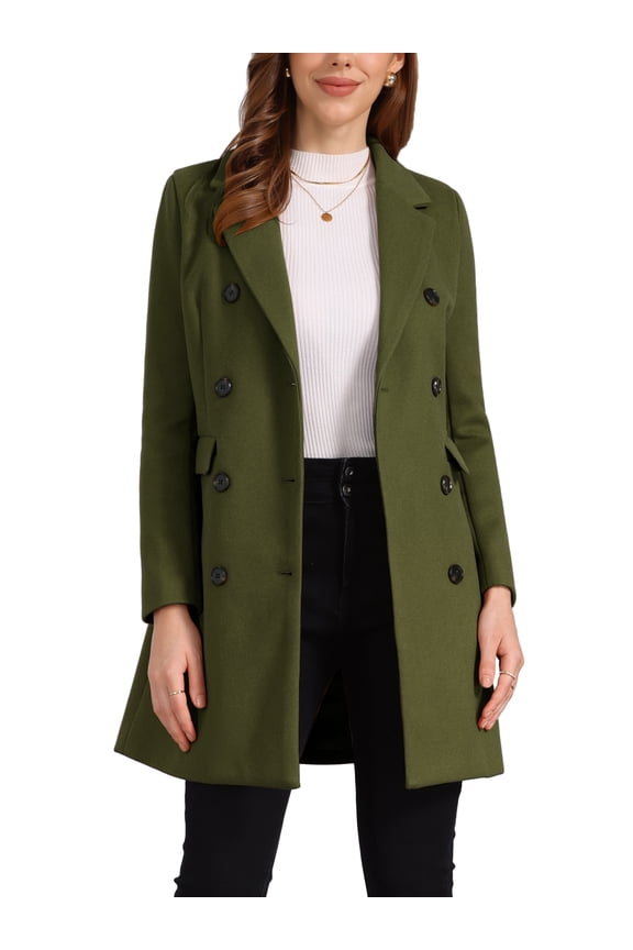 Women's Winter Coat Notched Lapel Double Breasted Trench Coat L Army Green