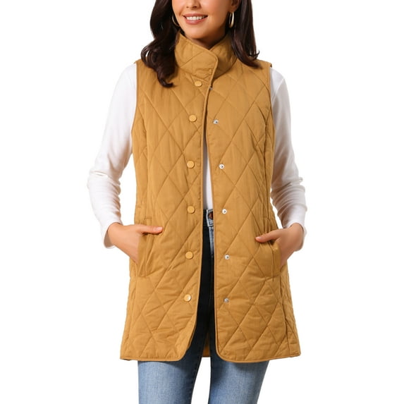 Women's Long Puffer Vest Stand Collar Sleeveless Puffy Jackets Lightweight Gilet Quilted Warm Coat L Brown