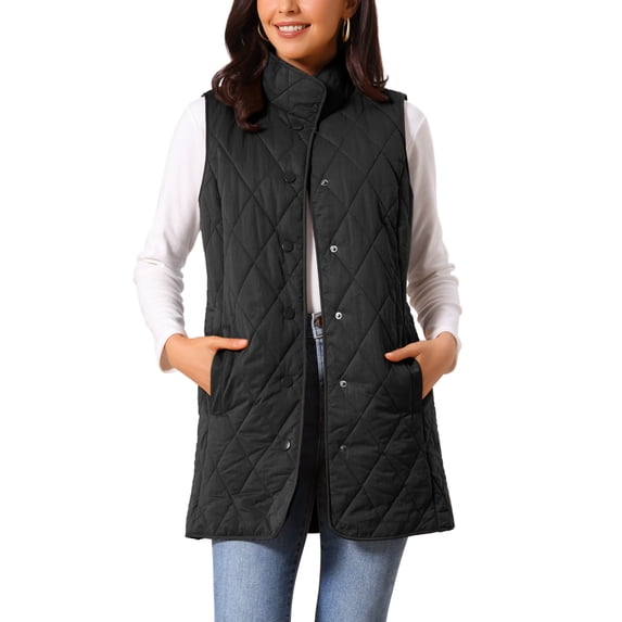 Women's Long Puffer Vest Stand Collar Sleeveless Puffy Jackets Lightweight Gilet Quilted Warm Coat S Black