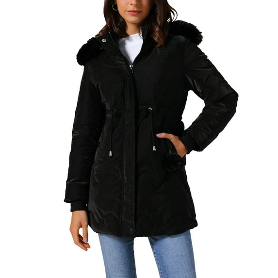 INSPIRE CHIC Women's Winter Thicken Puffer Coat Faux Fur Removable Hood Warm Parka Jacket XS Black