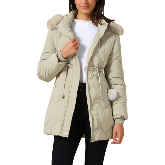 INSPIRE CHIC Women's Winter Thicken Puffer Coat Faux Fur Removable Hood Warm Parka Jacket XS Light Khaki