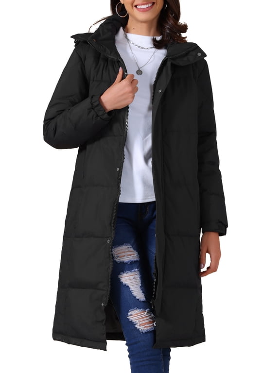Women's Winter Thicken Puffer Coat Warm Parka Down Jacket Hooded Outwear Long Padded Jacket 2XL Black