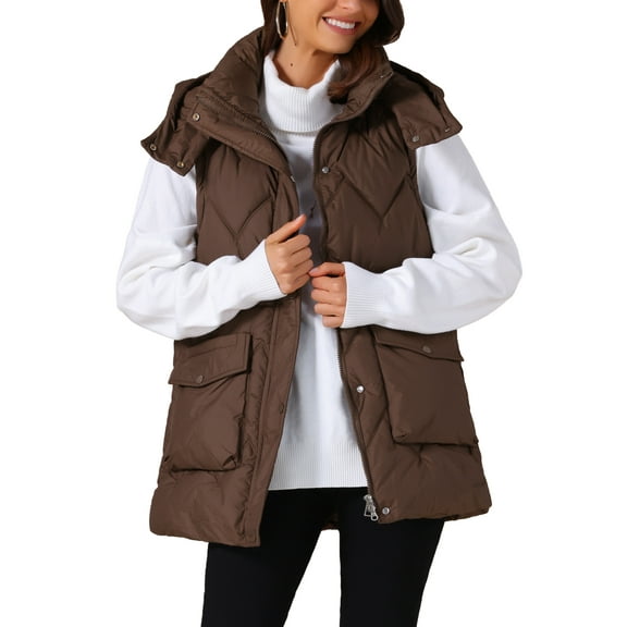INSPIRE CHIC Women's Vest Winter Coat Hooded Zip Up Mid Long Sleeveless Quilted Padded Jacket 2XL Coffee