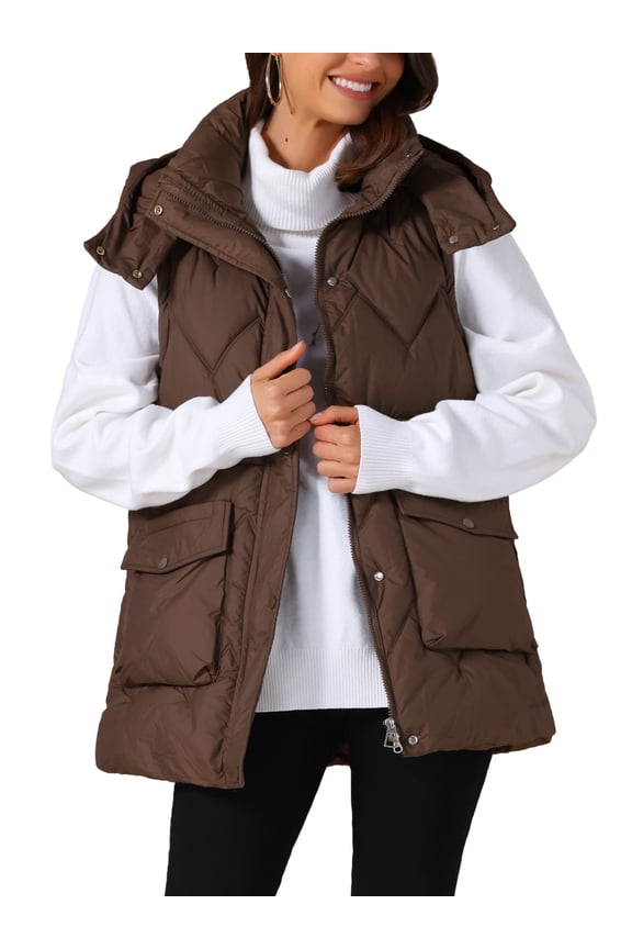 Women's Vest Winter Coat Hooded Zip Up Mid Long Sleeveless Quilted Padded Jacket 2XL Coffee