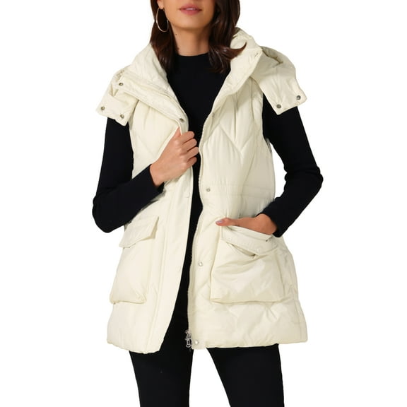 INSPIRE CHIC Women's Vest Winter Coat Hooded Zip Up Mid Long Sleeveless Quilted Padded Jacket M White