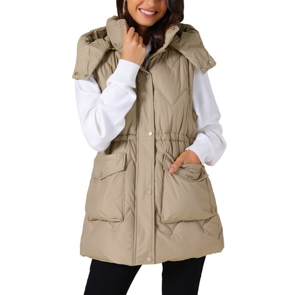 INSPIRE CHIC Women's Vest Winter Coat Hooded Zip Up Mid Long Sleeveless Quilted Padded Jacket XL Khaki