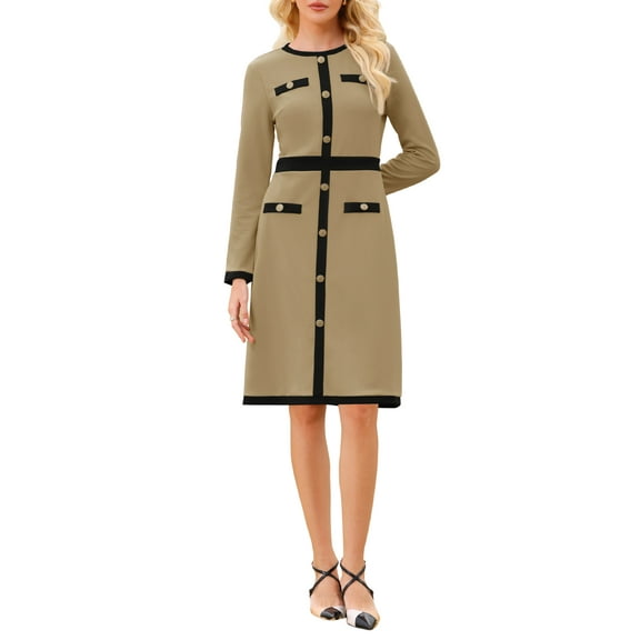 INSPIRE CHIC Women's Work A-Line Dress Long Sleeve Contrast Color Dresses S Khaki