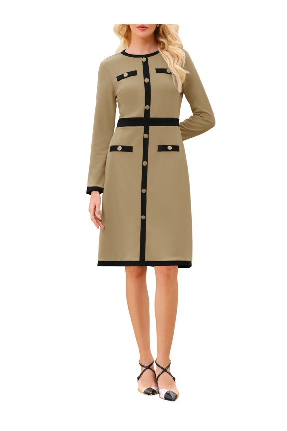 Women's Work A-Line Dress Long Sleeve Contrast Color Dresses S Khaki
