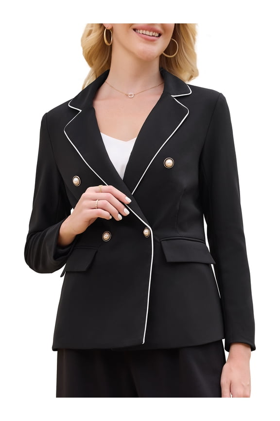 Women's Work Blazer Double Breasted Business Casual Suit Jacket M Black