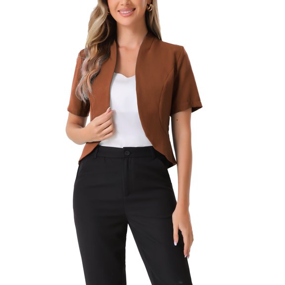INSPIRE CHIC Women's Work Blazer Shawl Collarless Open Front Cropped Cardigan XL Brown