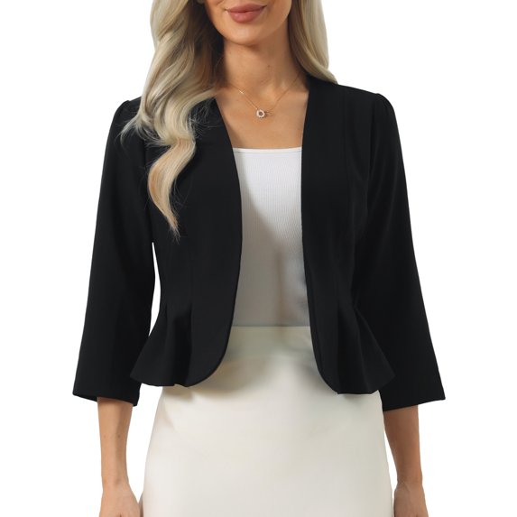 INSPIRE CHIC Women's Work Crop Blazer Open Front Collarless 3/4 Sleeve Peplum Suit Jacket L Black
