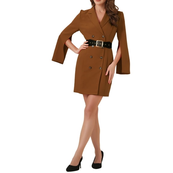 INSPIRE CHIC Women's Work Dresses Business Slit Sleeve Belted Double Breasted Blazer Dress XS Brown