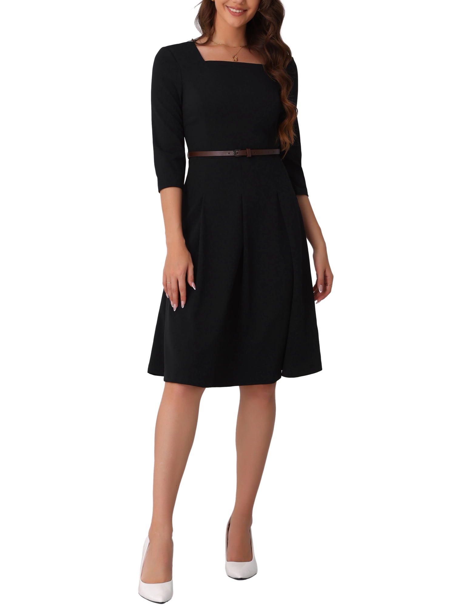 Women's Bodycon Work Dress - Square Neck 3/4 Sleeve High Waist Pencil Midi  Dress With Ruffle
