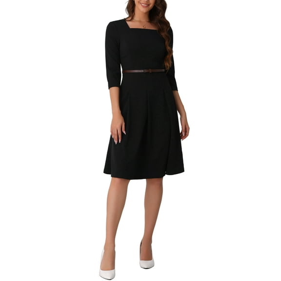 INSPIRE CHIC Women's Work Elegant Square Neck 3/4 Sleeve Belted Pleated a Line Church Midi Dress XS Black