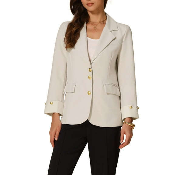 INSPIRE CHIC Women's Work Office Blazer Notched Lapel Long Sleeve Jacket Suit Blazer S Cream White