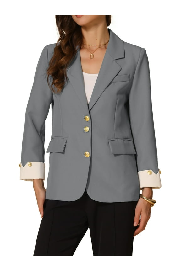 Women's Work Office Blazer Notched Lapel Long Sleeve Jacket Suit Blazer S Grey