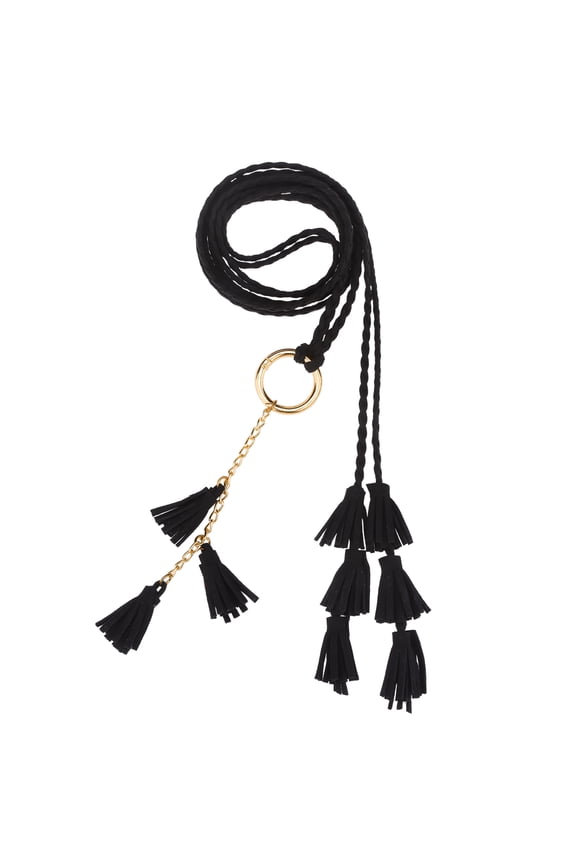 Women's Woven Braided Rope Belts, Tassels Chain Skinny Thin Boho Waistband with Metal Ring for Skirt Dress 47.2x0.2" Black