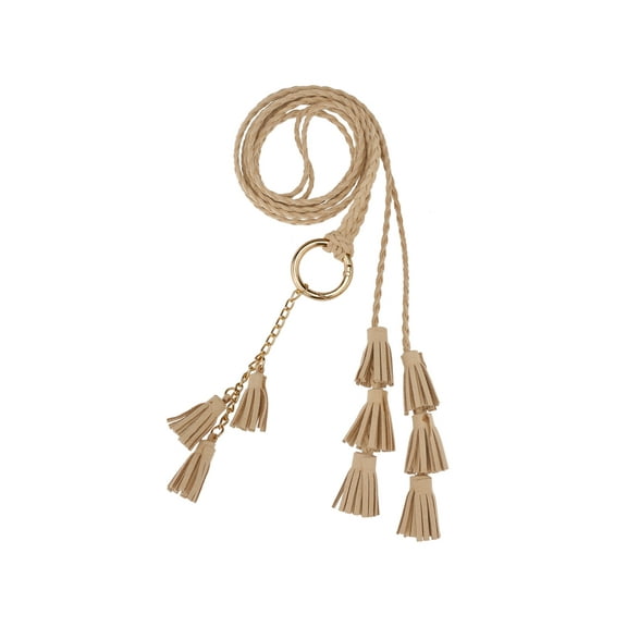 INSPIRE CHIC Women's Woven Braided Rope Belts, Tassels Chain Skinny Thin Boho Waistband with Metal Ring for Skirt Dress 47.2x0.2" Khaki