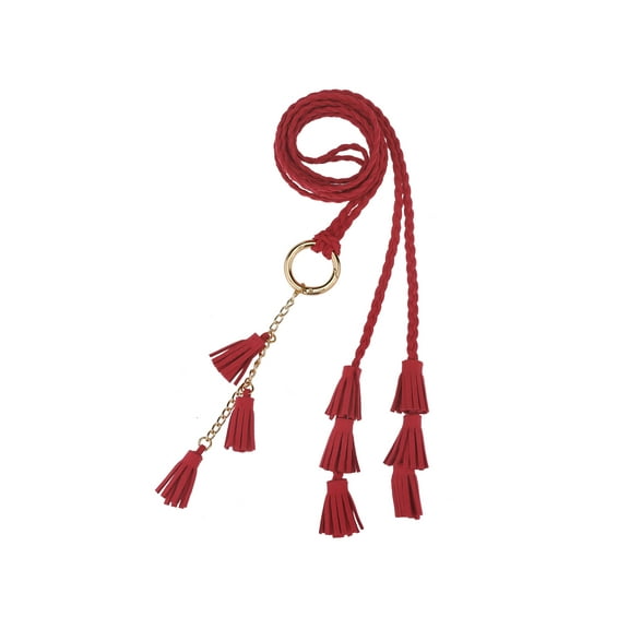 INSPIRE CHIC Women's Woven Braided Rope Belts, Tassels Chain Skinny Thin Boho Waistband with Metal Ring for Skirt Dress 47.2x0.2" Red