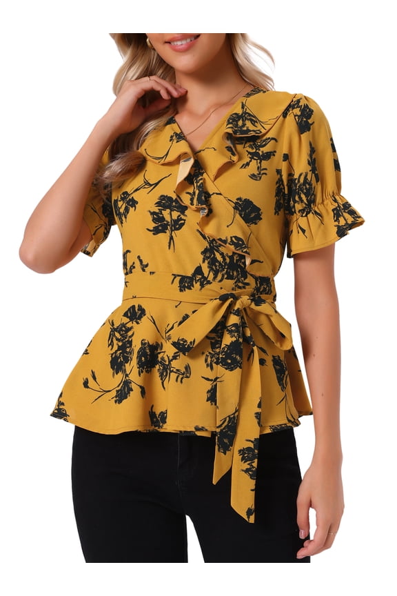 Women's Wrap Peplum Top Blouse 2026 Summer Floral Short Sleeve Ruffle V Neck Belted Shirts M Turmeric