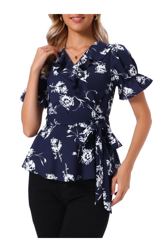 Women's Wrap Peplum Top Blouse 2026 Summer Floral Short Sleeve Ruffle V Neck Belted Shirts XS Navy Blue