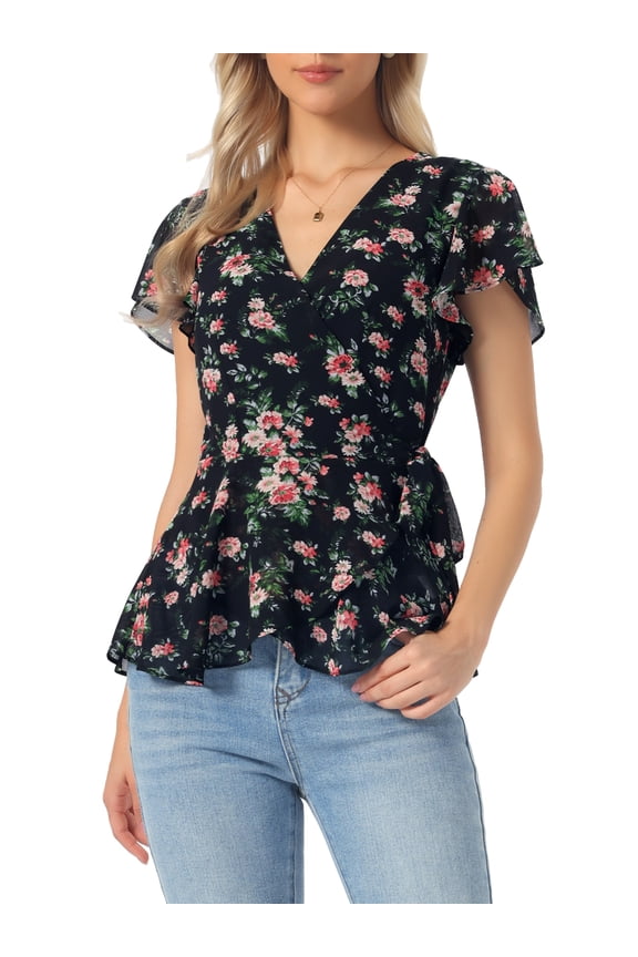 Wrap Tops for Women's Floral Printed V Neck Slit Sleeve Tie Waist Peplum Blouse L Black Red