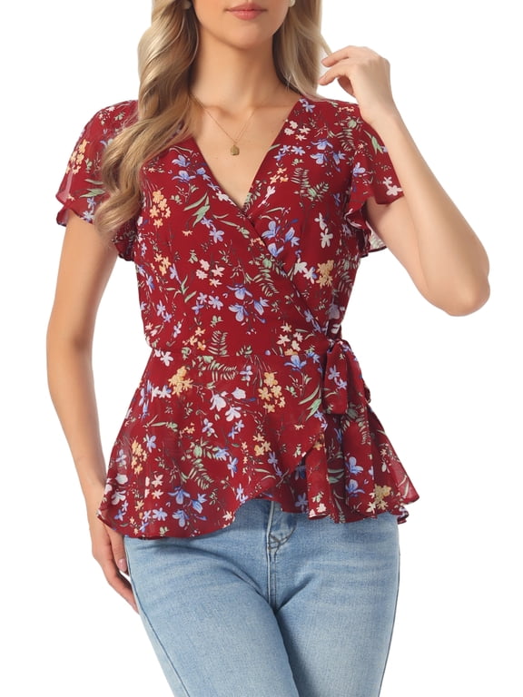 Women's Wrap Tops Floral Printed V Neck Tie Waist Peplum Blouse Deep Red L