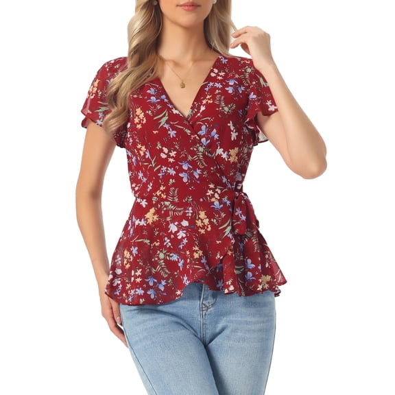 INSPIRE CHIC Wrap Tops for Women's Floral Printed V Neck Slit Sleeve Tie Waist Peplum Blouse S Deep Red
