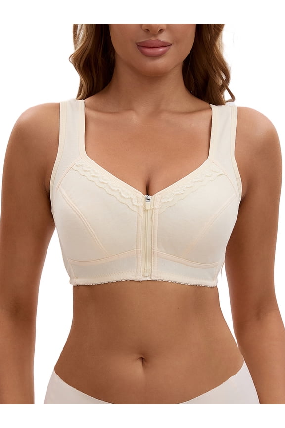 Women's Zip Front Closure Full Coverage Wirefree Tank Back Bralette Wide Straps Bras B 36 Beige